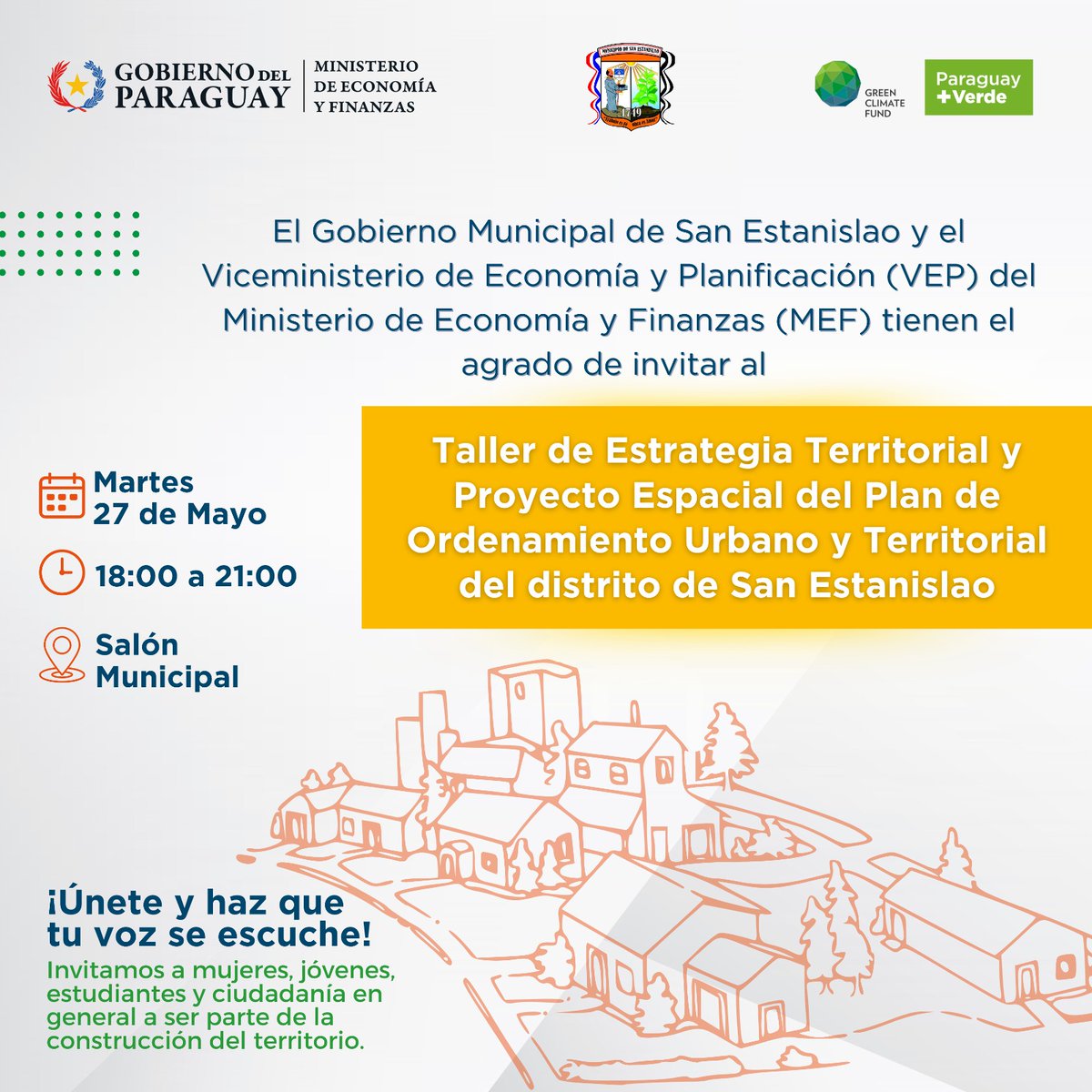 MEF_Paraguay's tweet image. Un segundo Taller sobre Estrategia Territorial y Proyecto Espacial realizará hoy el #MEF para avanzar en el Plan de Ordenamiento Urbano y Territorial (#POUT) del distrito de San Estanislao, en el marco del proyecto Paraguay + Verde 🌱.

🔗 Leé más: lc.cx/lsWZ58