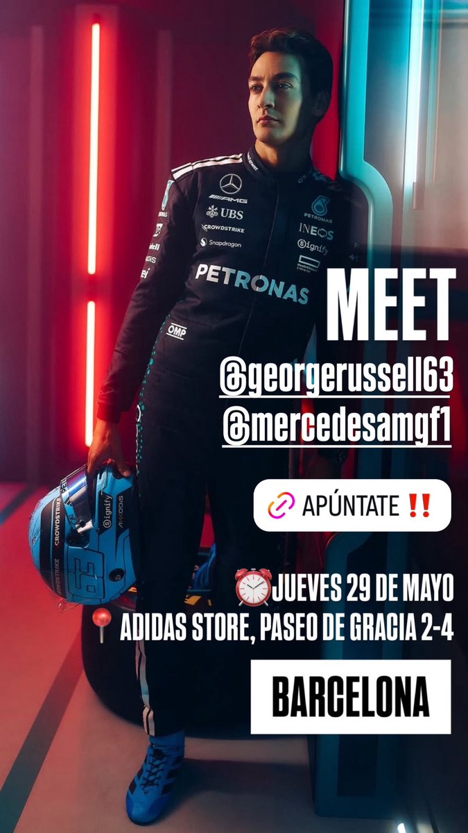 😎 Tenemos una cita con <a href="/GeorgeRussell63/">George Russell</a> y <a href="/adidas/">adidas</a> 
⏰ Jueves 29 de mayo 
📍Adidas Store, Paseo de Gracia 2-4 

‼️ APÚNTATE: lu.ma/EventoMotorspo…