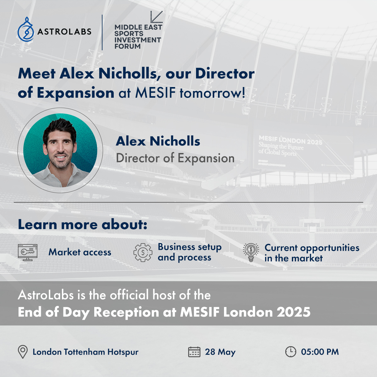 AstroLabs (@astrolabs) on Twitter photo Heading to <a href="/MESIFGLOBAL/">Middle East Sports Investment Forum</a> tomorrow? Find out the answers to your most frequently asked questions on Saudi market entry in-person from our Director of Expansion, Alex Nicholls.
#MESIFLondon2025 #MESIF Heading to <a href="/MESIFGLOBAL/">Middle East Sports Investment Forum</a> tomorrow? Find out the answers to your most frequently asked questions on Saudi market entry in-person from our Director of Expansion, Alex Nicholls.
#MESIFLondon2025 #MESIF