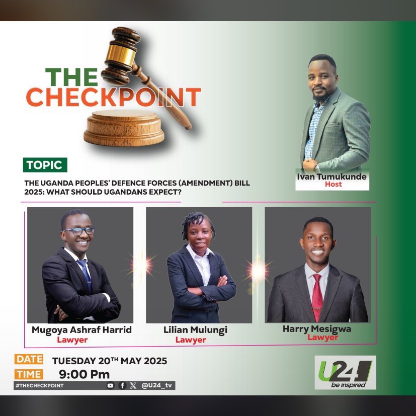 Lex Amica (@lex_amica) on Twitter photo Our team lead <a href="/HarryMwesigwa/">Harry Mwesigwa ā</a> will be joining this very important conversation today discussing the possible ramifications of the Uganda Peopleās Defence Forces( Amendment) Bill , 2025.
Please tune for the discussion today at 9pm on <a href="/u24tvug/">U24 TELEVISION</a> Our team lead <a href="/HarryMwesigwa/">Harry Mwesigwa ā</a> will be joining this very important conversation today discussing the possible ramifications of the Uganda Peopleās Defence Forces( Amendment) Bill , 2025.
Please tune for the discussion today at 9pm on <a href="/u24tvug/">U24 TELEVISION</a>