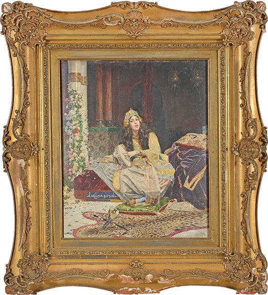 This Orientalist painting is by Spanish artist Antonio Maria Fabrés y Costa (1854-1938). The oil on panel, 21¾" x 17¾", brought $28,060 (e. $25,000/35,000) at Tremont Auctions maineantiquedigest.com/stories/tremon… #antiques #antique #art #artist #Spain #Spanish #Costa #painting #fineart