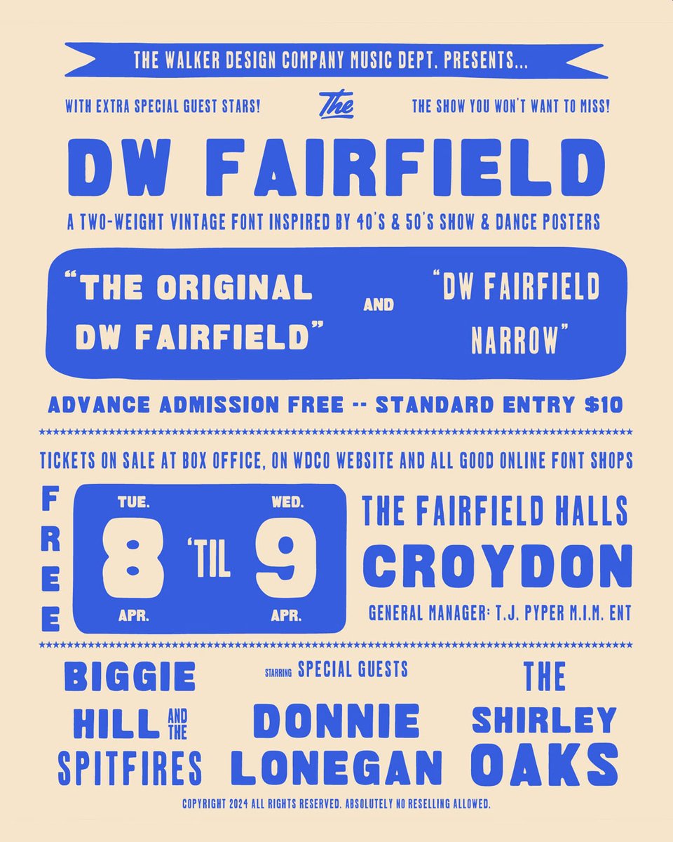 Staff Pick: DW Fairfield 🎸by Walker Design Co.  

A rock ’n’ roll throwback inspired by vintage gig posters and 1940s–60s British music culture. This all-caps display font comes in two styles with 30+ bonus glyphs and retro charm baked in.  

🔗 ywft.us/256cef72b