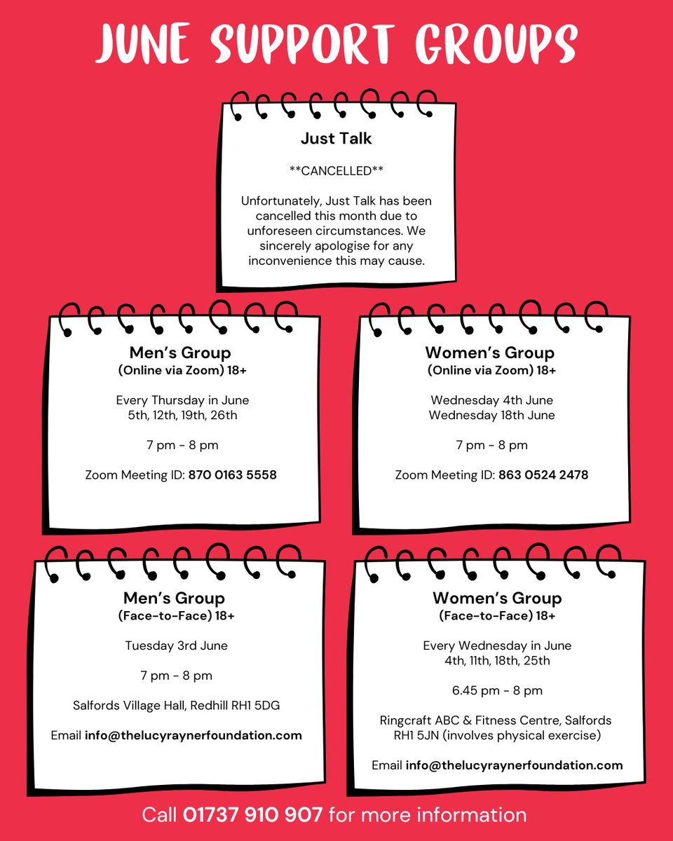 lucyraynerfoundation (@thelrfoundation) on Twitter photo Our Support Group Timetable for June🤝❤️
📧info@thelucyraynerfoundation.com
🔗thelucyraynerfoundation.com
📞01737 910 907
#LRF #TheLucyRaynerFoundation #SupportGroup #MentalHealthMatters #Community #MensMentalHealth #WomensMentalHealth Our Support Group Timetable for June🤝❤️
📧info@thelucyraynerfoundation.com
🔗thelucyraynerfoundation.com
📞01737 910 907
#LRF #TheLucyRaynerFoundation #SupportGroup #MentalHealthMatters #Community #MensMentalHealth #WomensMentalHealth