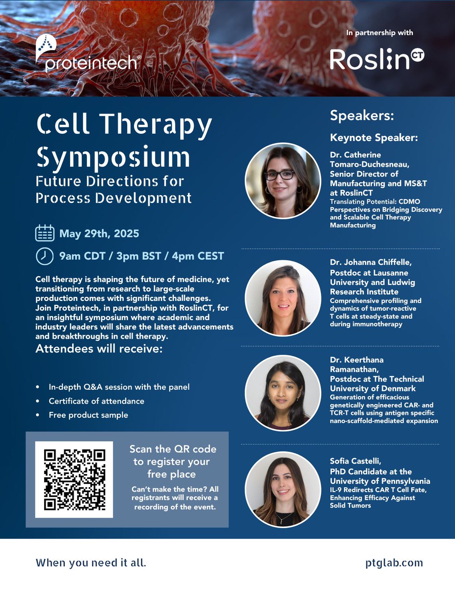 Don't miss Catherine Tomaro-Duchesneau, PhD, Senior Director of Manufacturing and MS&amp;T at RoslinCT, delivering the keynote at Proteintech Group’s Cell Therapy Symposium on May 29th!

🔗 Free Registration: lnkd.in/e3MZwaRv