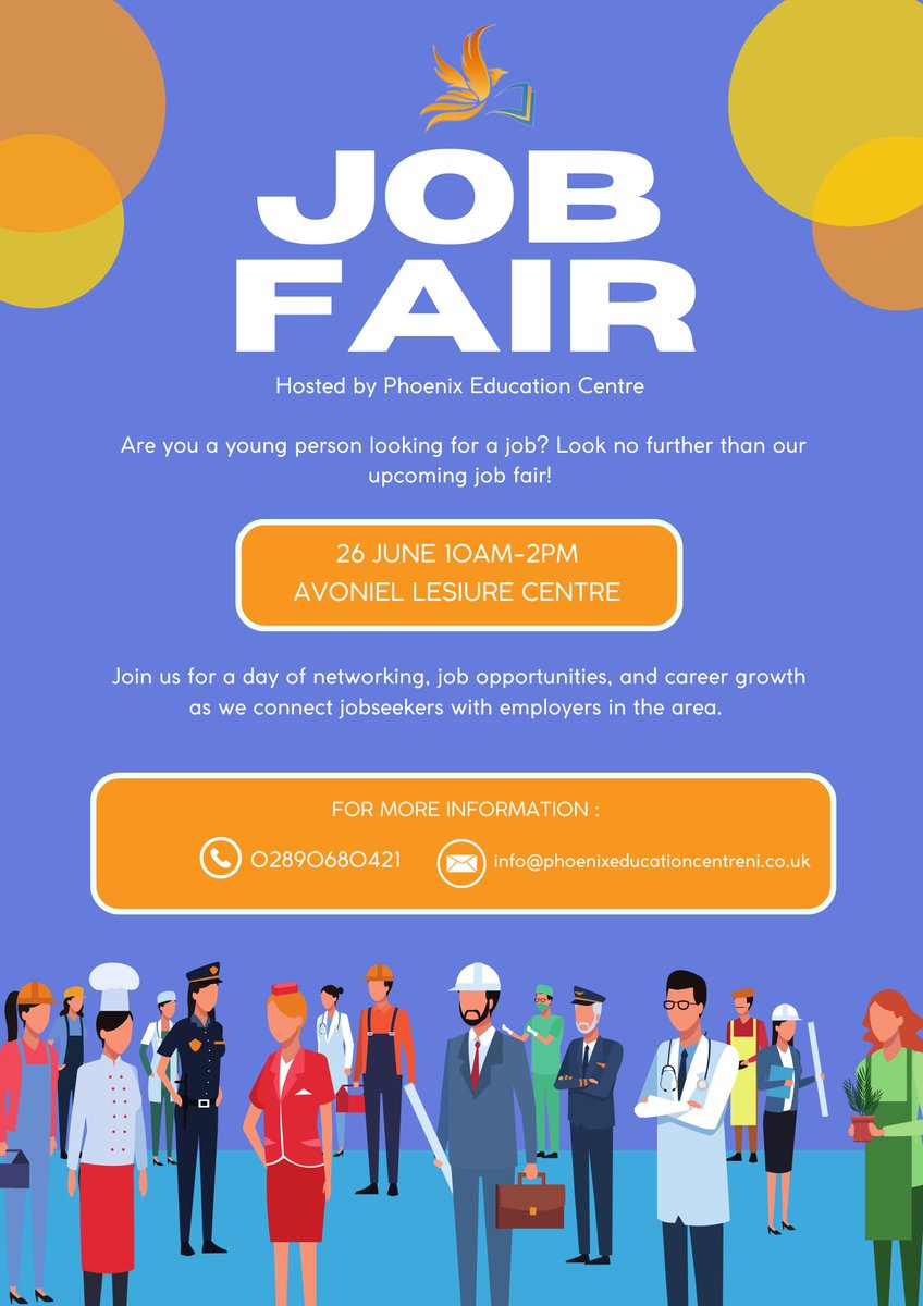 Looking for your first job or your next opportunity? Join us at our Job Fair on June 26, from 10AM–2PM at Avoniel Leisure Centre  and meet local employers who are actively hiring!   

#PhoenixEducationCentre #Jobs #EastBelfast #Work