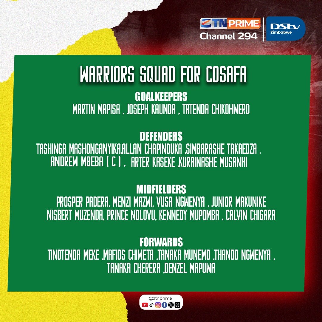 📰Warriors squad for COSAFA Cup 

⚽️National U20 coach Simon Marange will take charge, as head coach Michael Nees will be in Morocco with the senior team.

⚽️Andrew Mbeba to captain the squad.

#GetThePicture #Zimbabwe