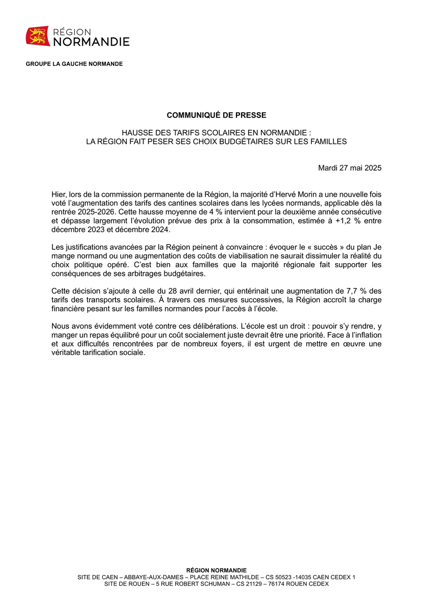 GaucheNormande's tweet image. Nouvelle hausse des cantines votée par la majorité d’Hervé Morin : +4 %, après +7,7 % sur les transports scolaires en avril.
Ce sont encore les familles qui paient les choix budgétaires de la Région.
Nous avons voté contre. L’école doit rester un droit. ⬇️