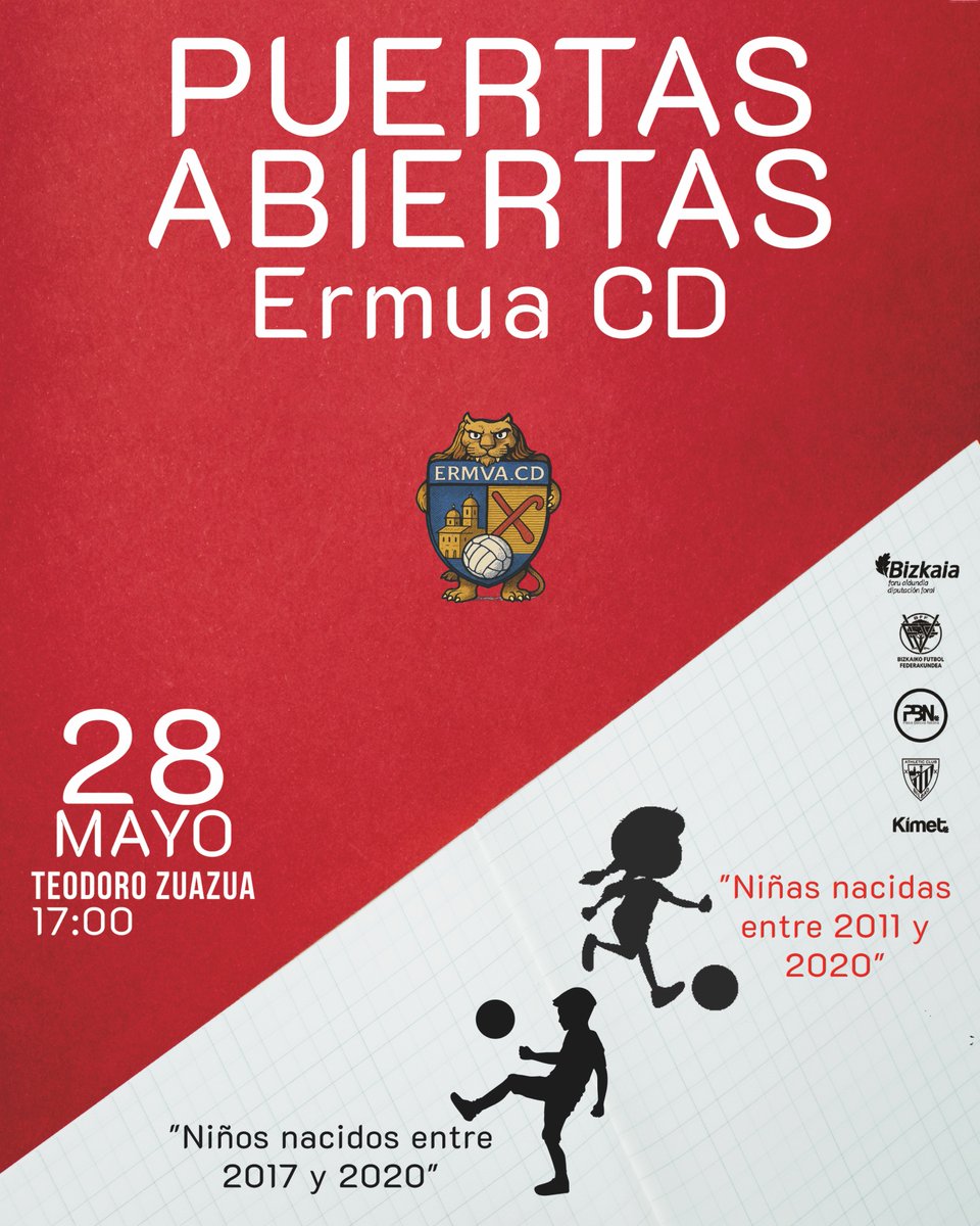 ermua_cd's tweet image. 🎉 ¡Aún estás a tiempo de apuntarte! ⚽

Este miercoles 28 de mayo a las 17:00 en Teodoro Zuazua, celebramos la jornada de Puertas Abiertas del Ermua CD.
Una gran oportunidad para que niñas (nacidas entre 2011 y 2020) y niños (nacidos entre 2017 y 2020).