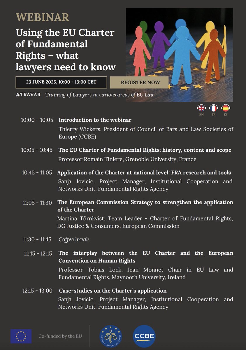 EULawyersFound's tweet image. 🇬🇧 Do not miss the upcoming @EULawyersFound-@CCBEinfo webinar on the EU Charter of Fundamental Rights! It will take place on 23 June 2025 (10-13h). Free of charge, in English, French and Spanish. Register here: bit.ly/3H6EsAa #TRAVAR