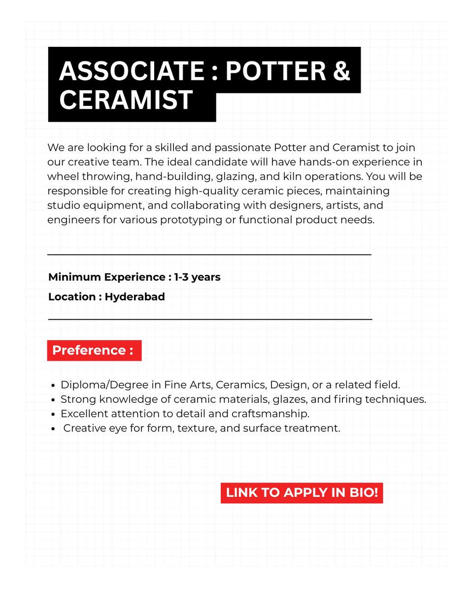 T-Works (@tworkshyd) on Twitter photo We're looking for a passionate
Potter & Ceramist to join our team!
Wheel throwing, glazing, kiln ops, and collabs with designers & engineers.
Sound like you?
Apply now: tworks.telangana.gov.in/openings
<a href="/jogitanikella/">Joginder Tanikella</a> We're looking for a passionate
Potter & Ceramist to join our team!
Wheel throwing, glazing, kiln ops, and collabs with designers & engineers.
Sound like you?
Apply now: tworks.telangana.gov.in/openings
<a href="/jogitanikella/">Joginder Tanikella</a>