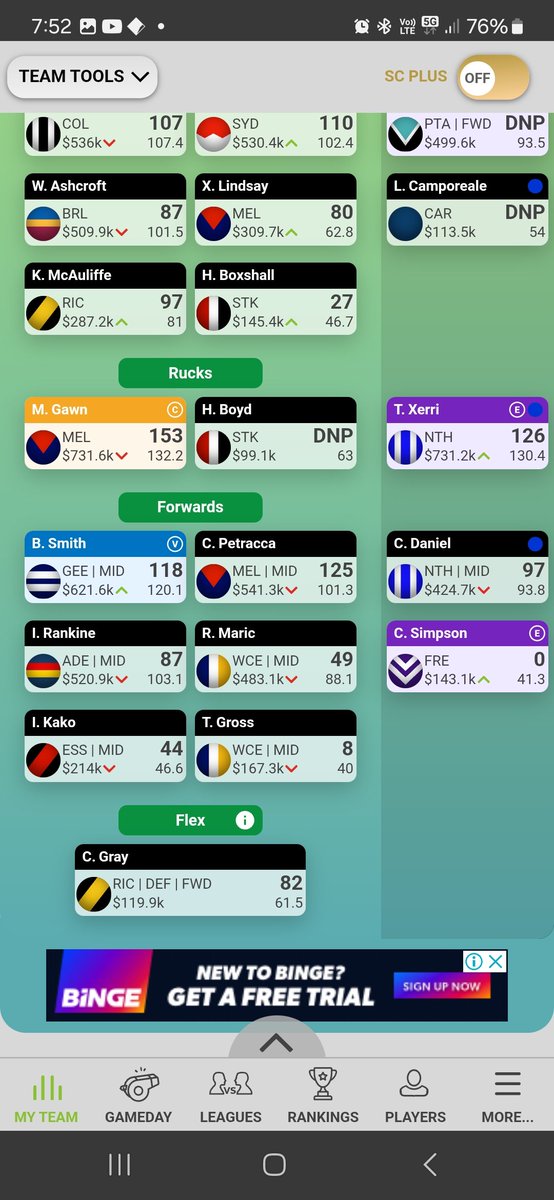 JasonWickens12's tweet photo. @SpillsSC Hey boys, cash gen and rookies is pretty much dead so I wanna be creative. Thinking of going Sheezel, Flynn and Stone to Stewart, Mcauliffe and Grey with 300k left for futures trades like butters and George Hewett. https://t.co/ad2xNyAzPo
