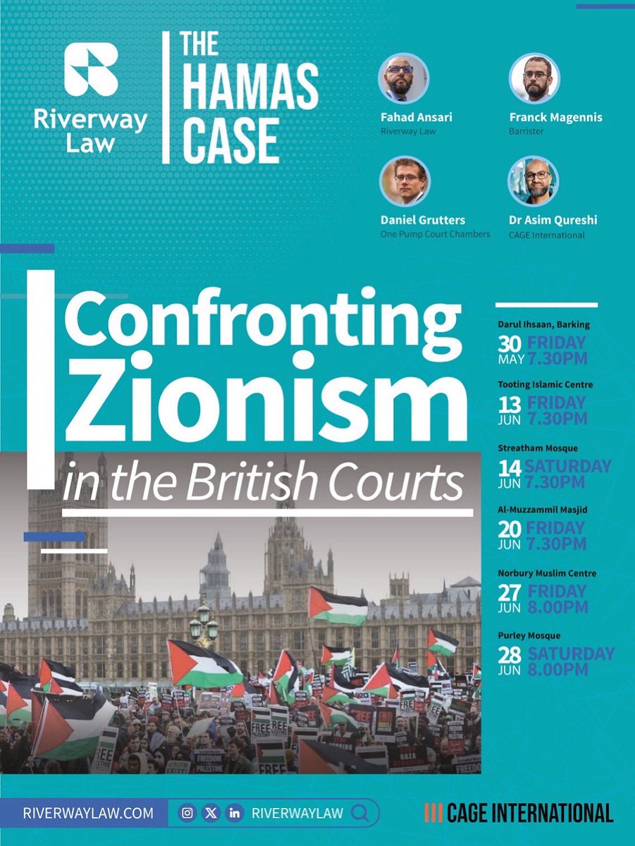 Riverway Law (@riverwaylaw) on Twitter photo Join us to learn more about the Hamas application for deproscription as well as other legal challenges including prosecution of British-Israeli soldiers, appealing employment related sanctions for alleged antisemitism, direct action and the student encampments. <a href="/FranckMagennis/">Franck Magennis 🍉</a> Join us to learn more about the Hamas application for deproscription as well as other legal challenges including prosecution of British-Israeli soldiers, appealing employment related sanctions for alleged antisemitism, direct action and the student encampments. <a href="/FranckMagennis/">Franck Magennis 🍉</a>