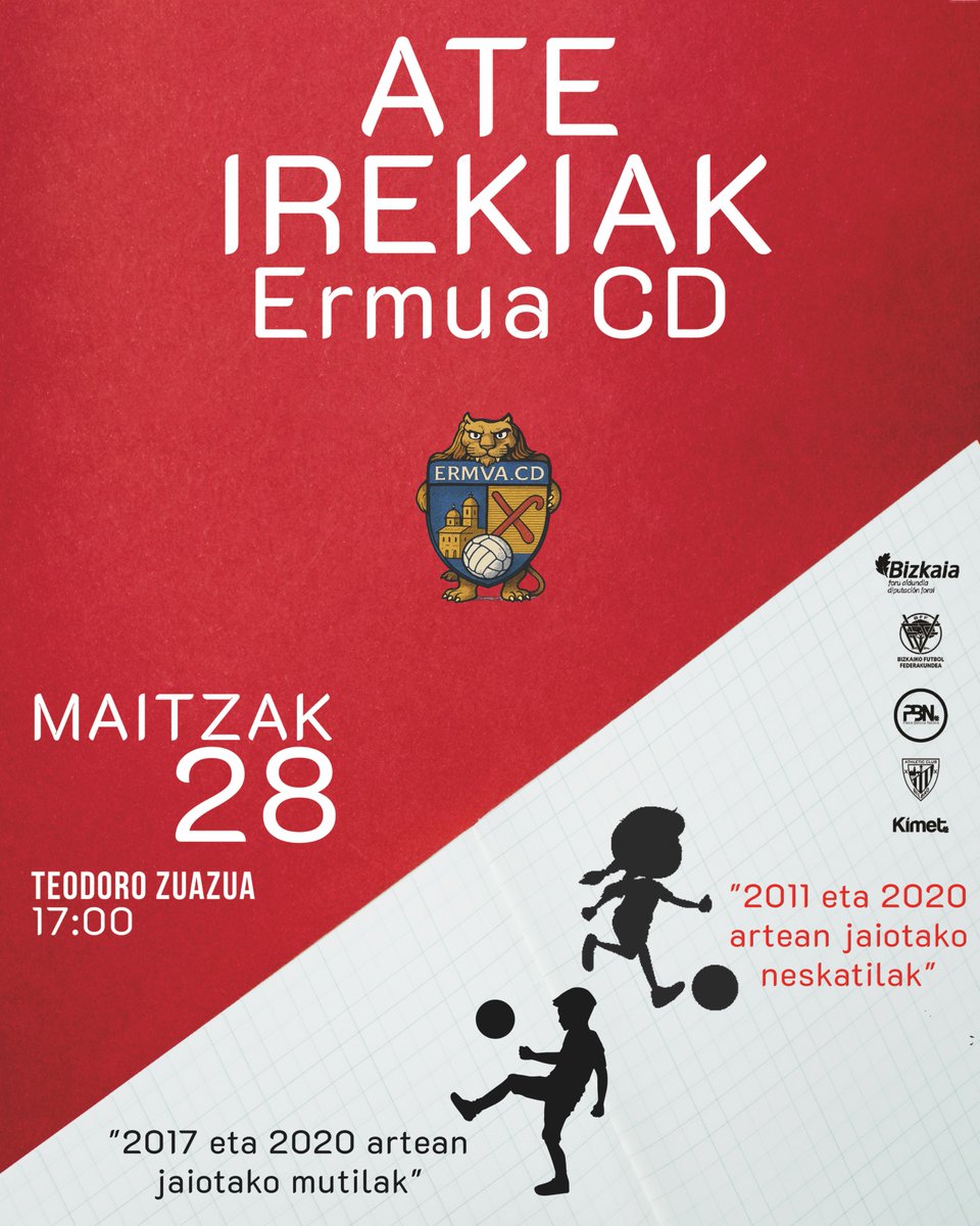 ermua_cd's tweet image. 🎉 Oraindik garaiz zaude izena emateko! ⚽

Maiatzaren 28an, asteazkena, 17:00etan, Teodoro Zuazua zelaian, Ermua CD-ren Ate Irekien Jardunaldia ospatuko dugu.
Aukera paregabea 2011 eta 2020 artean jaiotako neska eta 2017 eta 2020 artean jaiotako mutilentzako,