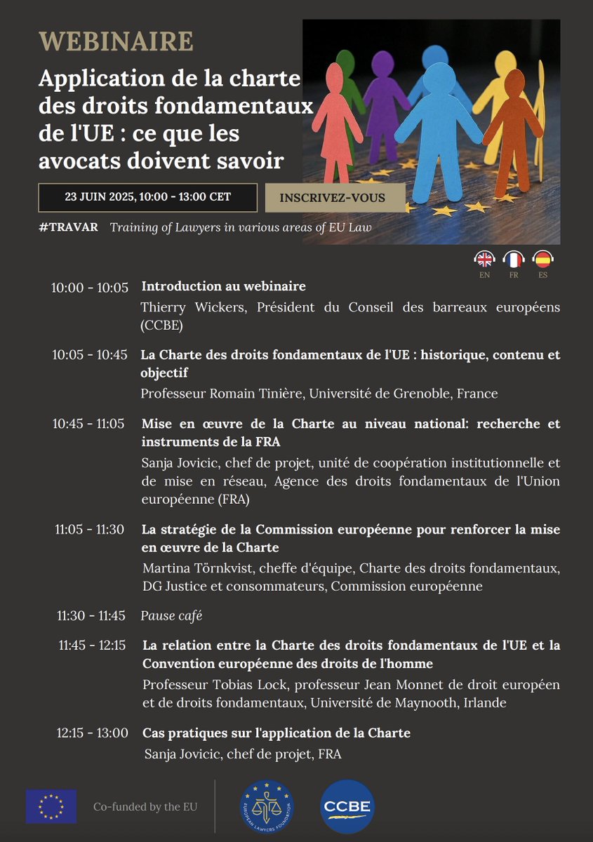 EULawyersFound's tweet image. 🇫🇷 Ne manquez pas le prochain webinaire @EULawyersFound-@CCBEinfo sur la Charte des droits fondamentaux de l'UE ! Il aura lieu le 23 juin 2025 (10h-13h). Gratuit, en anglais, français et espagnol. Inscrivez-vous ici: bit.ly/3H6EsAa #TRAVAR