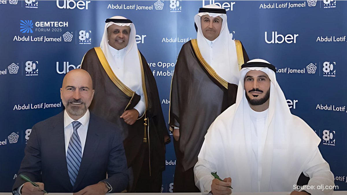 gemtechforum's tweet image. Abdul Latif Jameel and @Uber have signed a MoU to develop a scalable, next-generation fleet operations platform, aligning with Saudi Vision 2030’s goals of socioeconomic growth and economic diversification.

Read more: tinyurl.com/2pknwm5z

#GEMTECH2025 #MobilityExpo #Gemtech