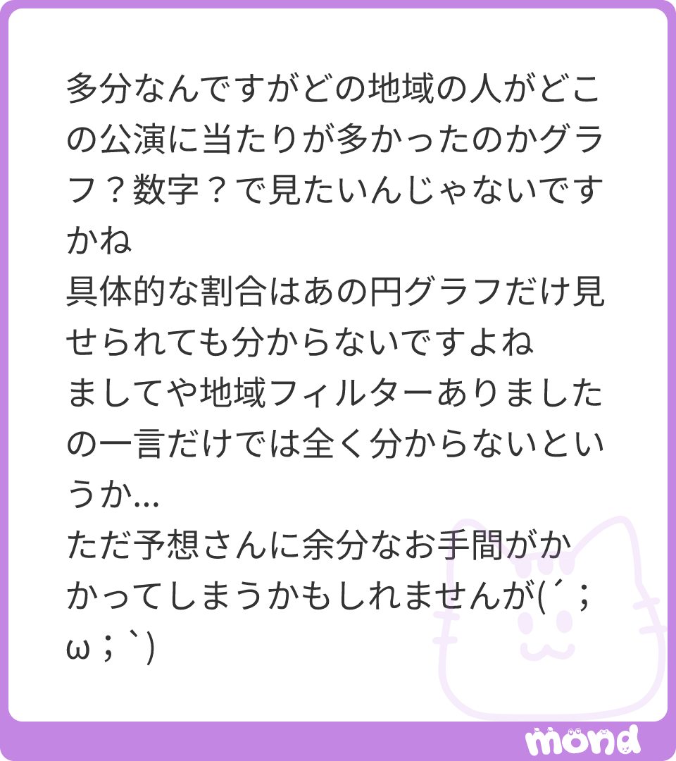 _yosou_5's tweet photo. 理解していますが、それを11公演分または今回地域分類した9地域分やるという私の手間や気持ちも少しは考えていただけたら嬉しいです💦
もう無視したらと思う方もいるかもしれませんが、悔しいので（🙇‍♀️）、私の意見です🙇‍♀️?…

(残り49文字｜画像:1)

https://t.co/czYM7aB0eo https://t.co/vjOIiUFoin