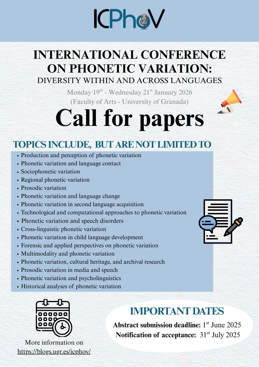 The abstract submission deadline for the "International Conference on Phonetic Variation" ICPhoV is Sunday 1st June. Submit a paper and come to this exciting conference in the stunning city of Granada. Excellent papers, culture, and you can even ski/snowboard 35 km from the city.