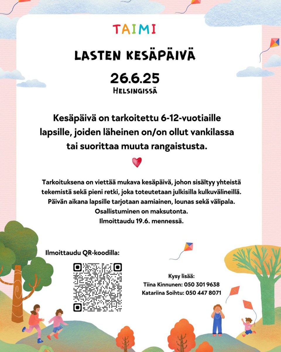 Lasten oma kesäpäivä 26.6.2025! 

Kesäpäivä on tarkoitettu 6-12-vuotiaille lapsille, joiden läheinen on/on ollut vankilassa tai tuomittu yhdyskuntaseuraamukseen.

rets.fi/tapahtuma/last…