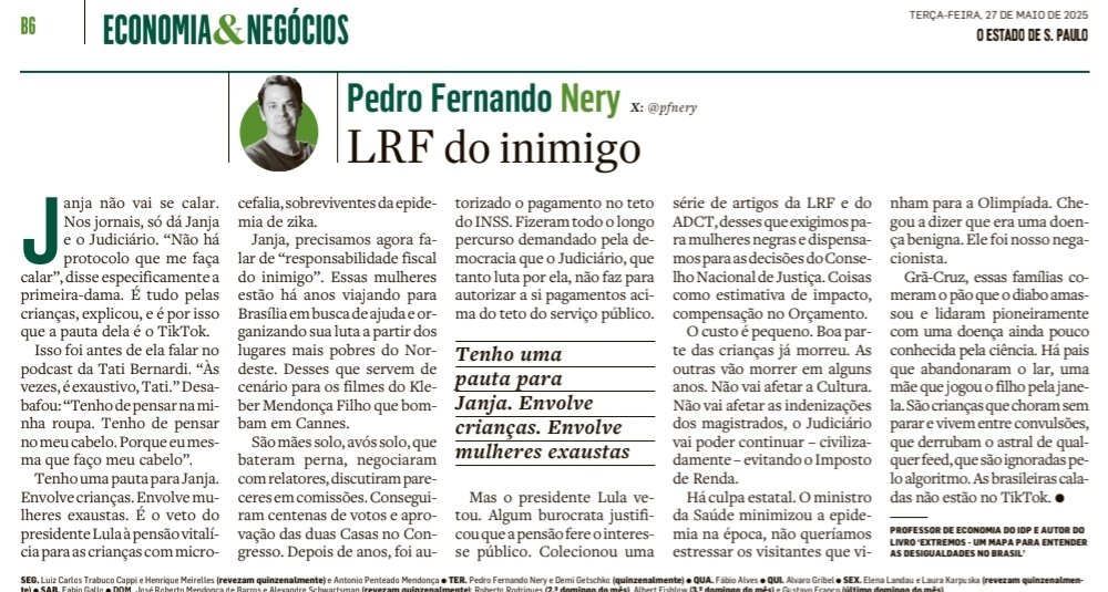 Carlos Alberto Ramos (@carlosalrms) on Twitter photo Os gastos públicos são alocados por um suposto tecnocrata benevolente q maximiza um Função de Bem–Estar Social ou é produto do poder de negociação de lobbies?
O caso das famílias de crianças sobreviventes do zika em outra excelente coluna de <a href="/pfnery/">Pedro Fernando Nery</a>. Os gastos públicos são alocados por um suposto tecnocrata benevolente q maximiza um Função de Bem–Estar Social ou é produto do poder de negociação de lobbies?
O caso das famílias de crianças sobreviventes do zika em outra excelente coluna de <a href="/pfnery/">Pedro Fernando Nery</a>.