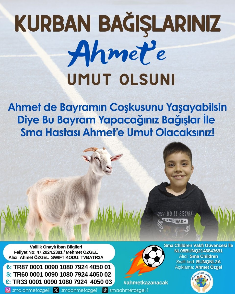 Sma çaresiz değil çare sizlersiniz 🩷 
Kurban bağışlarınıza talibiz ❤️ 
Ahmet yavrumuza nefes olalım can olalım umut olalım az çok demeden destek olalım Allah rızası için 💝