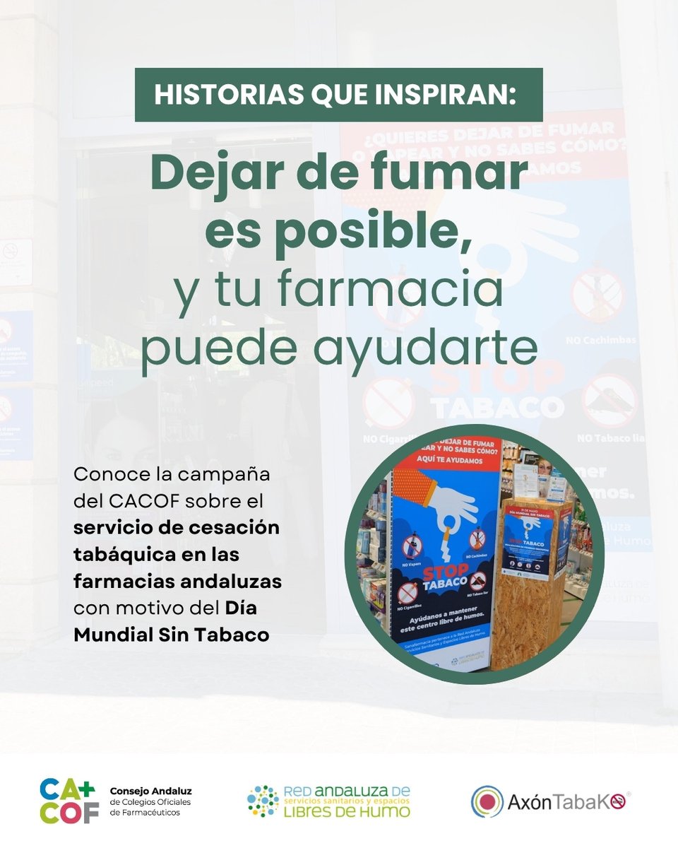CACOF_'s tweet photo. 🚭 Dejar de fumar es posible, y tu farmacia puede ayudarte. Conoce muy pronto la campaña del CACOF para el #DíaMundialSinTabaco, con la que un año más nos sumaremos a esta conmemoración para visibilizar el compromiso de la #farmacia comunitaria andaluza en la lucha contra el #tabaco.

🎥 Este año pondremos el foco en historias que inspiran, con vídeos que recogen los testimonios de #pacientes que han dejado de fumar gracias al servicio de cesación tabáquica de las farmacias y la experiencia concreta de una farmacia de Sevilla (@sanafarmacia) que ha sido recientemente reconocida con la acreditación Plata de la Red Andaluza de Servicios Sanitarios y Espacios Libres de Humo (RASSELH).

👏¡Permanece atento a nuestras redes!