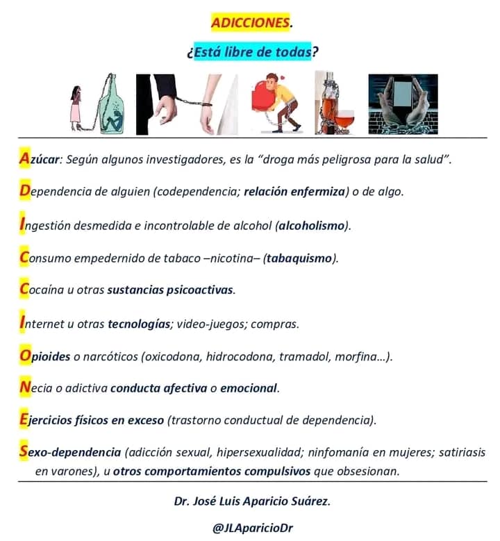 🔻 ADICCIONES. ¿Está libre de todas? 

🟡 Son varias las tendencias adictivas, sean conocidas o solapadas. 

🟡 Lo más importante, para cuidar la salud, la familia, las relaciones sociales y el desarrollo, es evitarlas.
#CubaPorLaVida