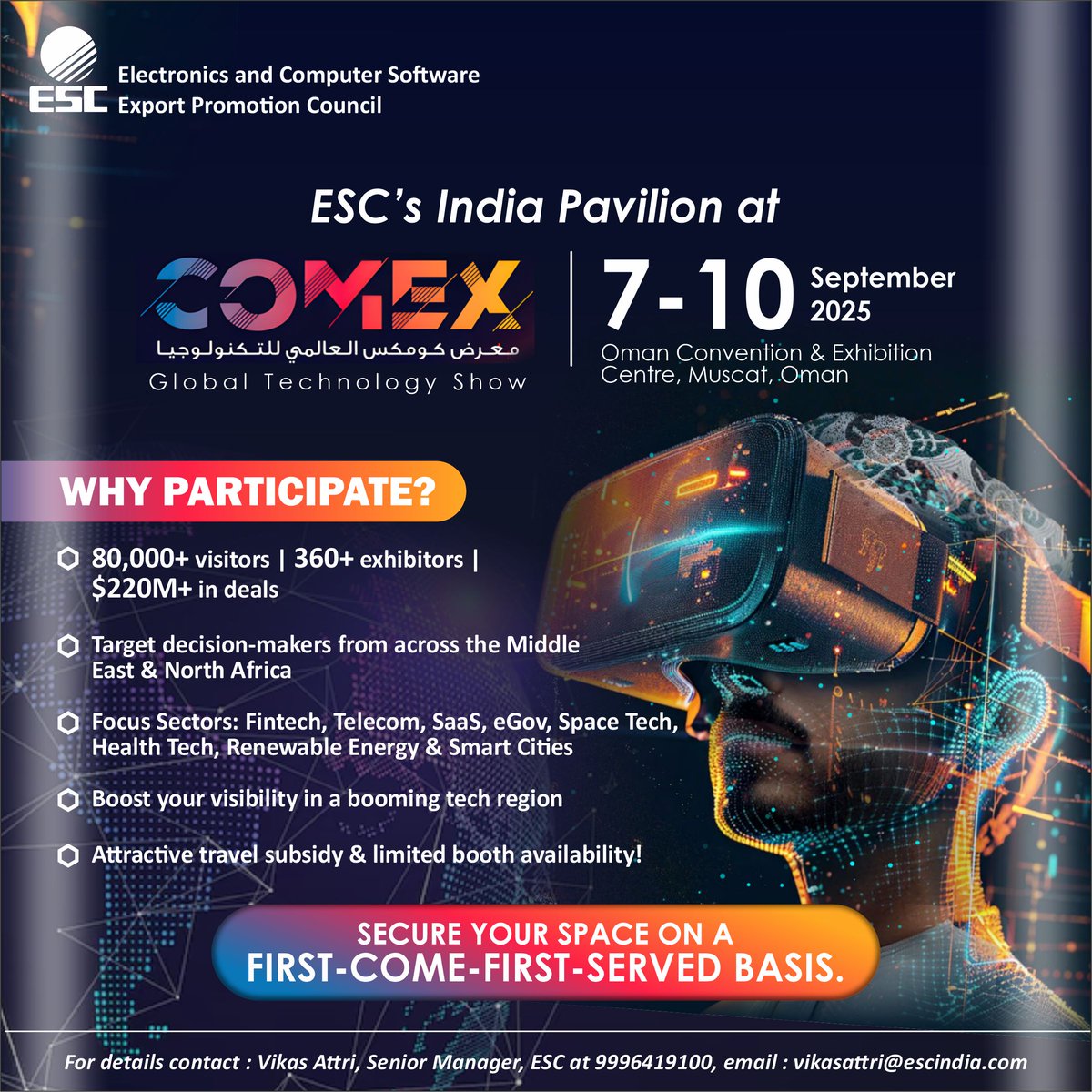 ESC INDIA (@escnewdelhi) on Twitter photo ๐๐ฆ๐ ๐๐ป๐ฑ๐ถ๐ฎ ๐ถ๐ ๐ต๐ฒ๐ฎ๐ฑ๐ถ๐ป๐ด ๐๐ผ ๐๐ข๐ ๐๐ซ ๐ฎ๐ฌ๐ฎ๐ฑ
Join us at the India Pavilion at the COMEX Global โ the regionโs largest & most influential tech event
Limited booths available โ secure your spot now
DM +91 9910847766 | email vikasattri@escindia.com to participate ๐๐ฆ๐ ๐๐ป๐ฑ๐ถ๐ฎ ๐ถ๐ ๐ต๐ฒ๐ฎ๐ฑ๐ถ๐ป๐ด ๐๐ผ ๐๐ข๐ ๐๐ซ ๐ฎ๐ฌ๐ฎ๐ฑ
Join us at the India Pavilion at the COMEX Global โ the regionโs largest & most influential tech event
Limited booths available โ secure your spot now
DM +91 9910847766 | email vikasattri@escindia.com to participate
