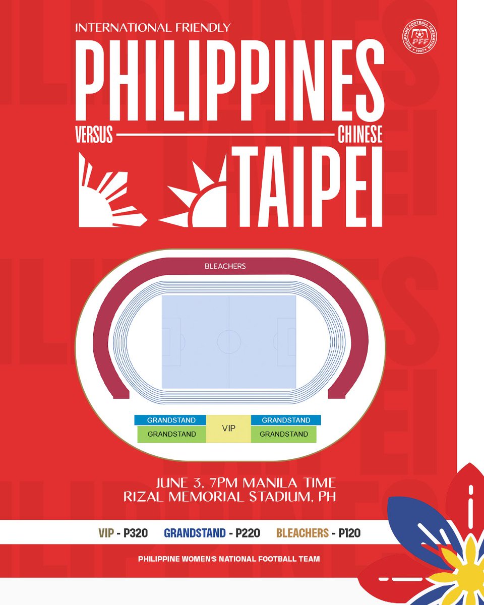 Philippine Women's National Football Team (@pilipinaswnft) on Twitter photo Our first official home game in three long years.
Manila, can we count on you to be there?!
๐ต๐ญ๐น๐ผ International Friendly
๐๏ธ June 3 Tuesday
โฐ 7PM
๐๏ธ Rizal Memorial Stadium
๐ซ ticketmax.ph/events/internaโฆ
Tix are now on sale from Ticketmax!
VIP โฑ320
GRANDSTAND โฑ220
BLEACHERS โฑ120 Our first official home game in three long years.
Manila, can we count on you to be there?!
๐ต๐ญ๐น๐ผ International Friendly
๐๏ธ June 3 Tuesday
โฐ 7PM
๐๏ธ Rizal Memorial Stadium
๐ซ ticketmax.ph/events/internaโฆ
Tix are now on sale from Ticketmax!
VIP โฑ320
GRANDSTAND โฑ220
BLEACHERS โฑ120