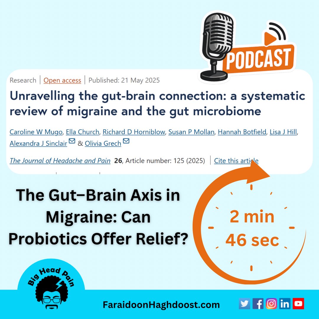 faradoost's tweet image. New FASTcast!
Can probiotics help with migraine?
A new review explores the gut–brain connection and treatment potential.
Link to the podcast on the YouTube channel.
youtu.be/oEE8faQTR2g?si…
Link to the paper: doi.org/10.1186/s10194…
#migraine #neurology #headache
@O_Grech