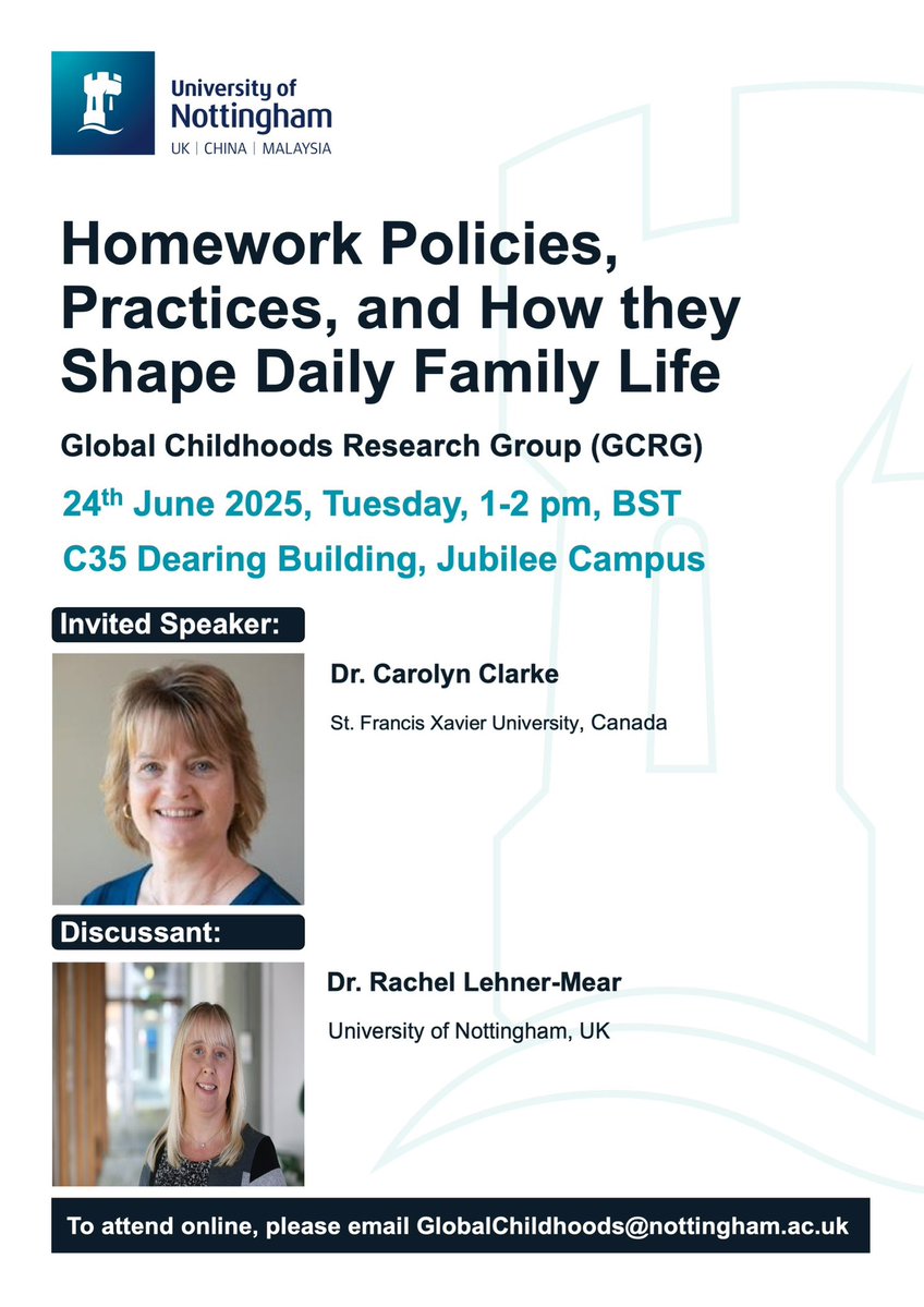 Nottingham Global Childhoods Research Group (@gcrgnottingham) on Twitter photo GCRG is glad to welcome Dr. Carolyn to Nottingham. She will deliver a seminar on homework policies and practices in everyday family contexts; with our very own <a href="/R_LehnerMear/">Dr Rachel Lehner-Mear</a> being the discussant. Join us in person on the 24th June or email if you want to attend online. <a href="/UoNSoE/">UoN Education</a> GCRG is glad to welcome Dr. Carolyn to Nottingham. She will deliver a seminar on homework policies and practices in everyday family contexts; with our very own <a href="/R_LehnerMear/">Dr Rachel Lehner-Mear</a> being the discussant. Join us in person on the 24th June or email if you want to attend online. <a href="/UoNSoE/">UoN Education</a>