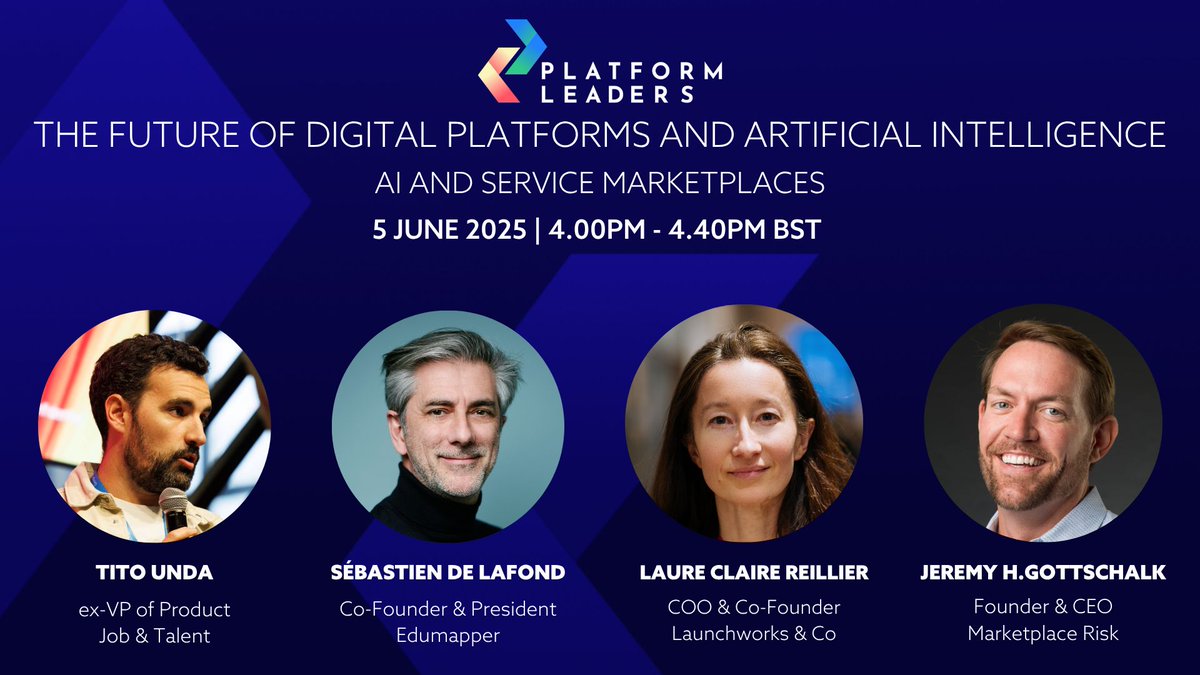 LaunchworksCo's tweet image. 🚀 Ready to leverage AI to enhance your service marketplace's growth and customer satisfaction? Or concerned about disruption and disintermediation? Don't miss the #PlatformLeaders panel with @sdelafond, Tito Unda, Jeremy Gottschalk & @lreillier on 5 June platformleaders.com