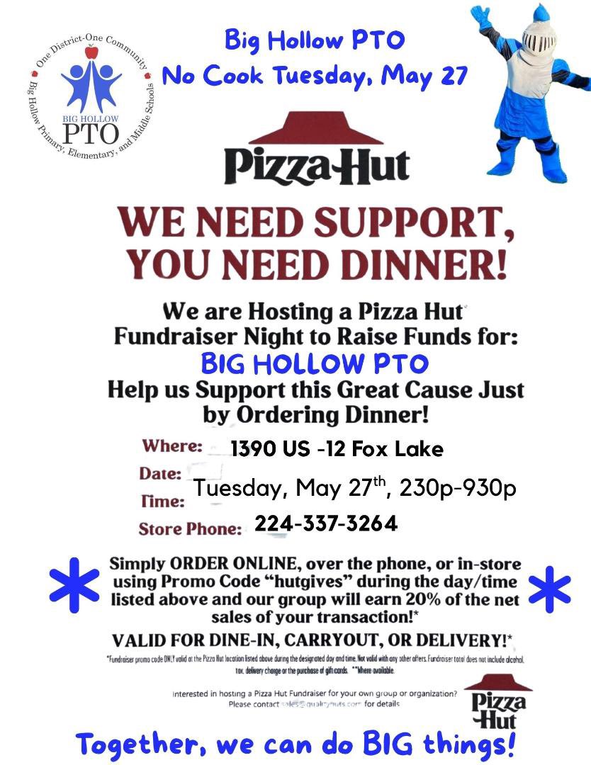 No one out pizzas the Hut! 

Ditch your kitchen and join us today! See flyer for details!

Together, we can do BIG things💙

<a href="/BigHollowPri/">Big Hollow Primary</a> <a href="/Bighollowelem/">Big Hollow Elementary</a> <a href="/BigHollowMS/">Big Hollow Middle School</a>