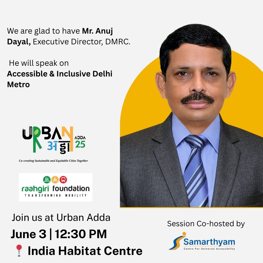 Samarthyam, Centre for Universal Accessibility (@samarthyam) on Twitter photo We're excited to host Anuj Dayal, Principal Executive Director <a href="/OfficialDMRC/">Delhi Metro Rail Corporation</a> at #UrbanAdda!
He'll speak on Accessible & Inclusive Delhi Metro and his role as advisor to metros across India.
🗓️ June 3 • 🕧 12:30 PM
📍 India Habitat Centre
👥 Co-hosted by Samarthyam We're excited to host Anuj Dayal, Principal Executive Director <a href="/OfficialDMRC/">Delhi Metro Rail Corporation</a> at #UrbanAdda!
He'll speak on Accessible & Inclusive Delhi Metro and his role as advisor to metros across India.
🗓️ June 3 • 🕧 12:30 PM
📍 India Habitat Centre
👥 Co-hosted by Samarthyam