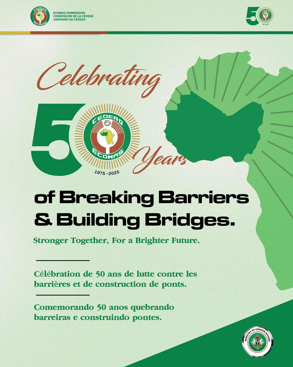 For five decades, #ECOWAS has stood as a pillar of regional solidarity, advancing peace, economic integration, and collective strength across West Africa. Nigeria has remained firmly at the heart of this journey, championing a vision where no member state is left behind.

As we