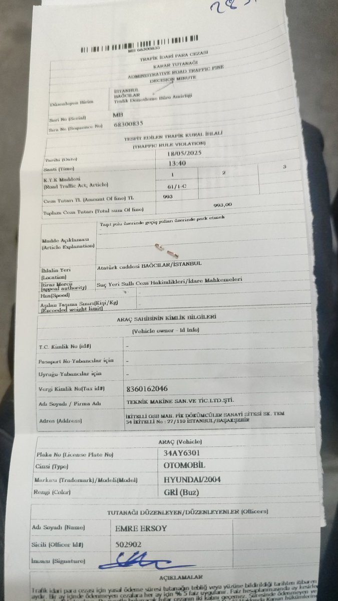 alisuat_28's tweet photo. Bağcılar belediyesi zabıtaları 18 mayıs pazar günü kızımı dersaneden çıkmasını beklerken aracın içinde olmama rağmen keyfi ceza yazdırmış zabıtalar daha lüks araçların içinde telefonla oynansındiye ise sayın @yasinyildizbb başkanım ayda bir yazabilirler orda olmama gerek yok https://t.co/Vm8E7ru7Y3