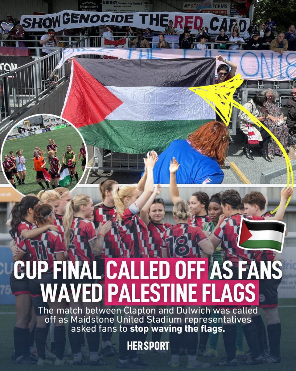 A regional women’s cup final was abandoned on Sunday after venue officials allegedly objected to fans displaying Palestinian flags and a banner reading “Show genocide the red card.”

Now the final has been voided. The clubs could even face FA discipline.