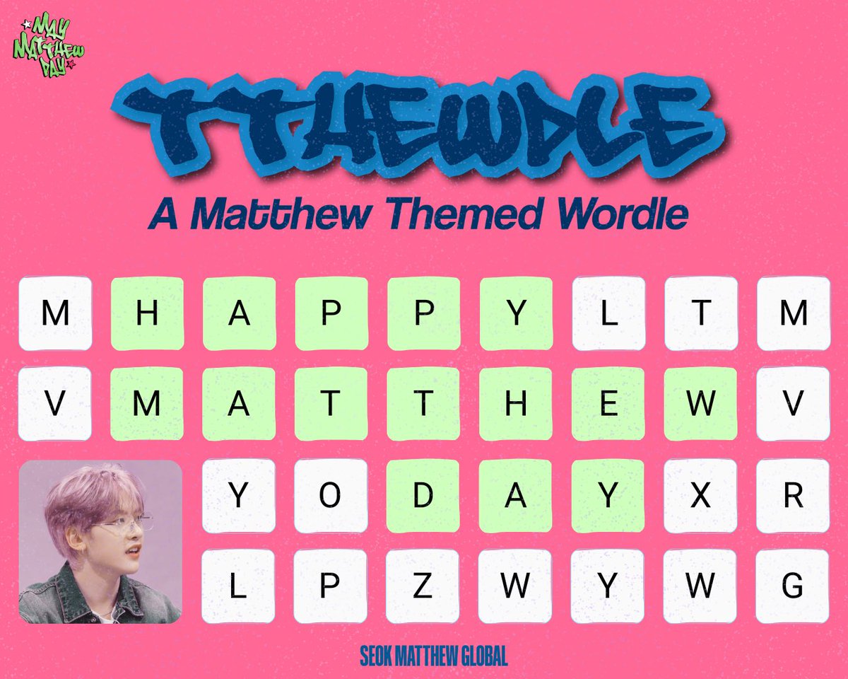 SMTGLOBAL02's tweet photo. WORDLE 1 : 
"the character name that Matthew drew"

🔗https://t.co/N1mGC3iehG

Play and share your wordles in the qrts using this hashtags below!🦊❣️
#MayMatthewDay
#SEOKMATTHEW #석매튜 https://t.co/DbhU21Iv60