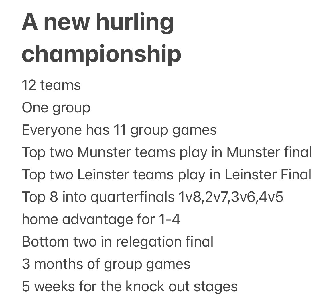 NoelHolohan's tweet photo. My idea for a new longer hurling championship. Cross provinces games. Keeping a Munster and Leinster final in the format 
Something has to change 
Too good of a game and too many teams gone too quick. 
@JohnFogartyIrl @willocallaghan @WexHurlingPod @Panthero84 @JohnAdamswexIre https://t.co/y4bz5HosaW
