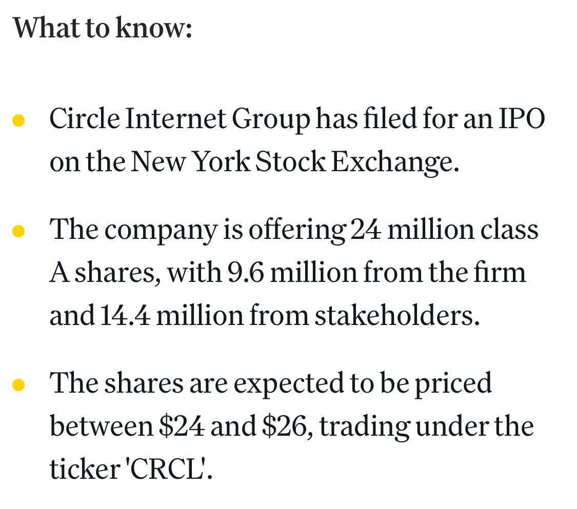 BREAKING: STABLECOIN GIANT CIRCLE FILES FOR IPO ON NYSE - PER COINDESK
