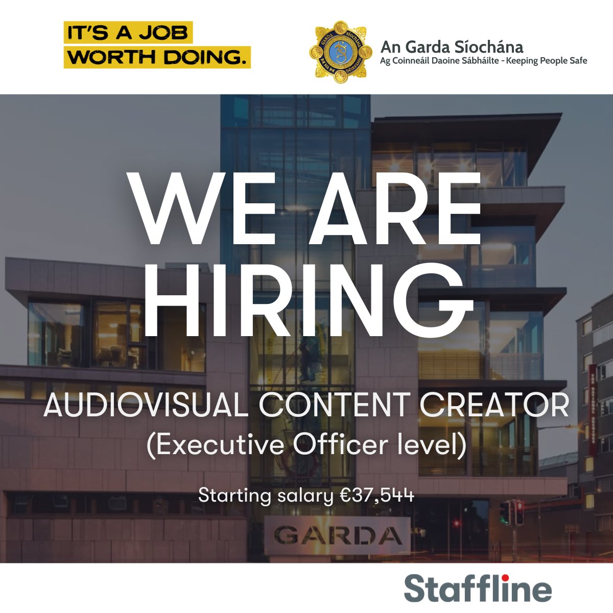 Garda Info (@gardainfo) on Twitter photo Now hiring: Audiovisual Content Creator with <a href="/gardainfo/">Garda Info</a>.
Dublin 8 | Starting salary: €37,544
Closing date: 3:00 PM Monday, 16th June 2025.
Apply via shorturl.at/fVcZZ
#ItsAJobWorthDoing Now hiring: Audiovisual Content Creator with <a href="/gardainfo/">Garda Info</a>.
Dublin 8 | Starting salary: €37,544
Closing date: 3:00 PM Monday, 16th June 2025.
Apply via shorturl.at/fVcZZ
#ItsAJobWorthDoing