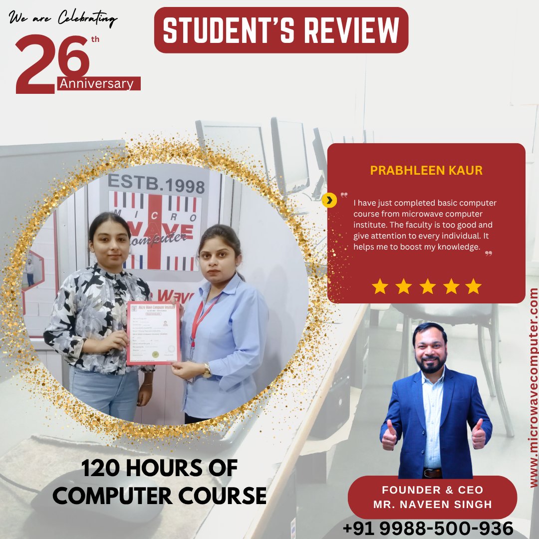 mwc_98's tweet image. 🎉 Congratulations to Prabhleen Kaur for completing the 120 hours of the Computer Course!
🖥️ Your dedication and hard work have paid off.
🌟 Wishing you continued success in your digital journey ahead!

#learncomputerskills #120hourscompleted 
#microwavecomputer #khanna