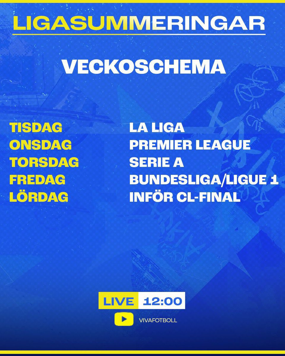 🚨LIGASUMMERINGSVECKA PÅ VIVA🚨

Denna vecka djupdyker vi i säsongen som varit och summerar de stora europeiska ligorna. I studion blandar vi lagen så varje dag blir det en ny konstellation. 

LIVE på Youtube 12:00 varje dag ✅
Podd direkt efter ✅