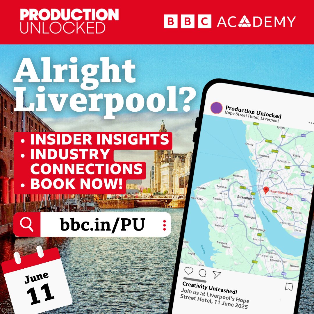 🎬 #ProductionUnlocked is coming to LIVERPOOL!
Join us for a day of industry insight, career advice and big hitters from the world of TV, film and digital.

📍 Unmissable sessions, expert guests, real-world advice – open to all!

🔗 Book now: bbc.in/PU