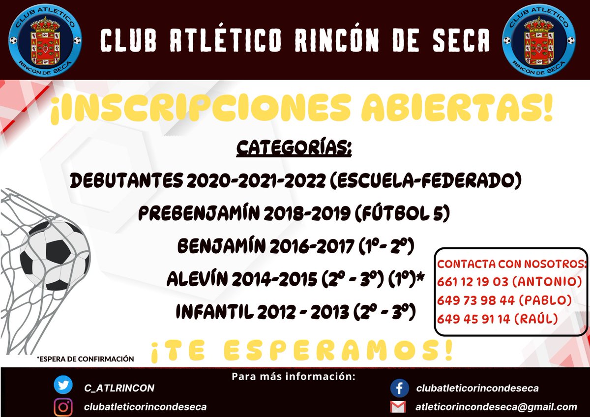 C_ATLRINCON's tweet photo. ¡INSCRIPCIONES ABIERTAS 25/26!

Ven a probar y a conocernos, llámanos y te informamos de todos los grupos y el proyecto para la temporada 25/26.

Contacta con nosotros a través de las redes sociales y a través de los teléfonos móviles que aparecen en el cartel.

¡TE ESPERAMOS! https://t.co/qREUmE0l7y