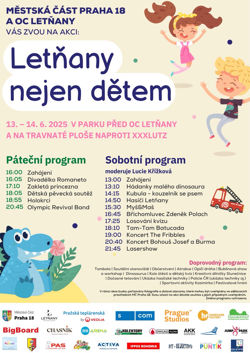 Letňany (nejen) dětem 2025 se blíží! 
Zveme vás na dva dny plné zábavy pro malé i velké!
KDY: 13.–14. června 2025  KDE: Park před OC Letňany &amp; travnatá plocha naproti XXXLutz
👉Co vás čeká? Divadélka a představení, kouzelník, hudba a tanec atd. Těšíme se na vás!