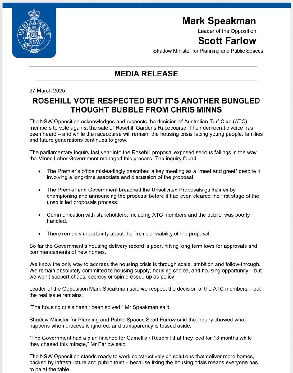 The Minns Government wasted 18 months chasing a mirage.

They put the Camellia-Rosehill Place Strategy on ice before the ATC members indicated they wanted to develop the land.

Now it’s time to get on with the job of delivering more homes and finalise the Camellia-Rosehill Place