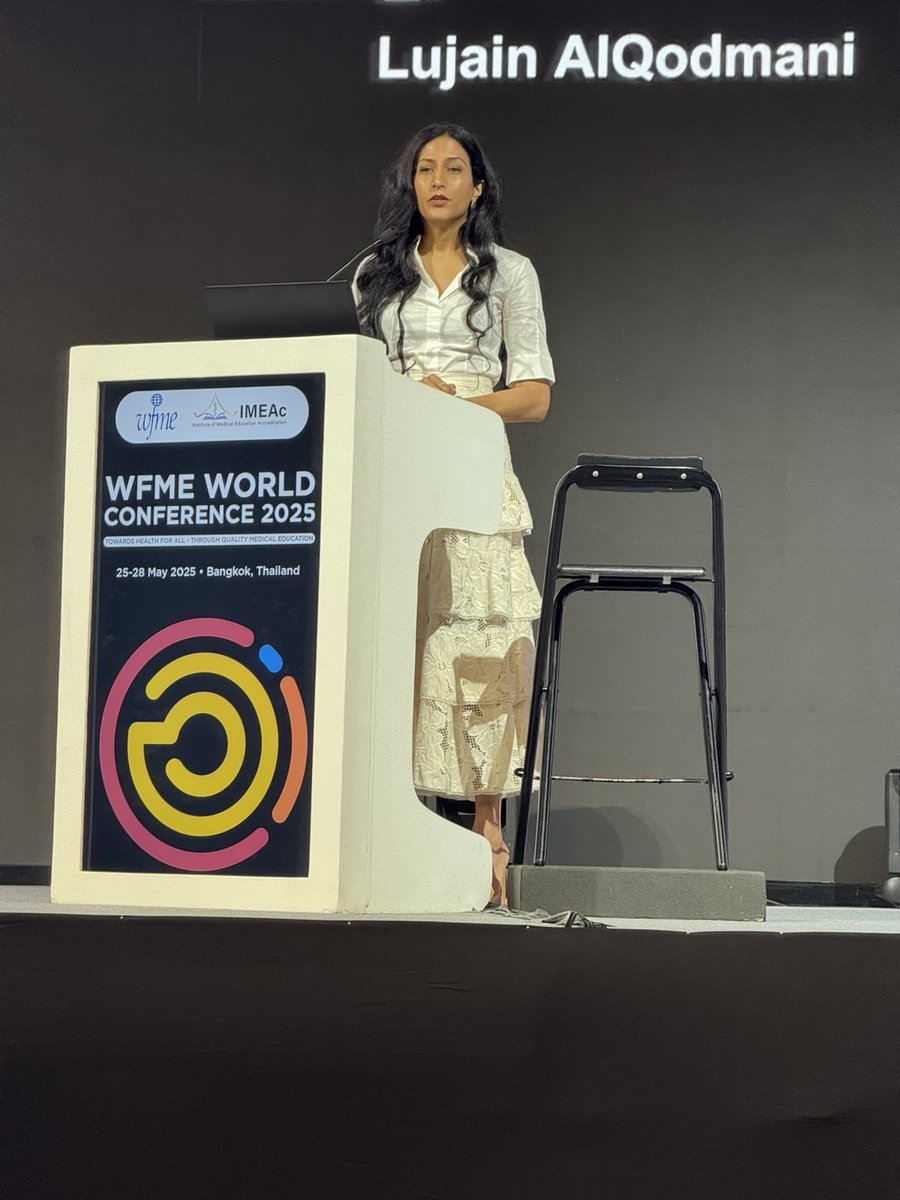 Dr. <a href="/LujainAlqodmani/">Lujain Alqodmani</a>, Immediate Past President of WMA, addressed the 2025 World Conference on Medical Education, calling for better working conditions which WMA advocates for through our Ethical Guidelines &amp; Workforce Resolution:bit.ly/3SjQad1
#HealthWorkforce <a href="/wfmeorg/">WFME</a>