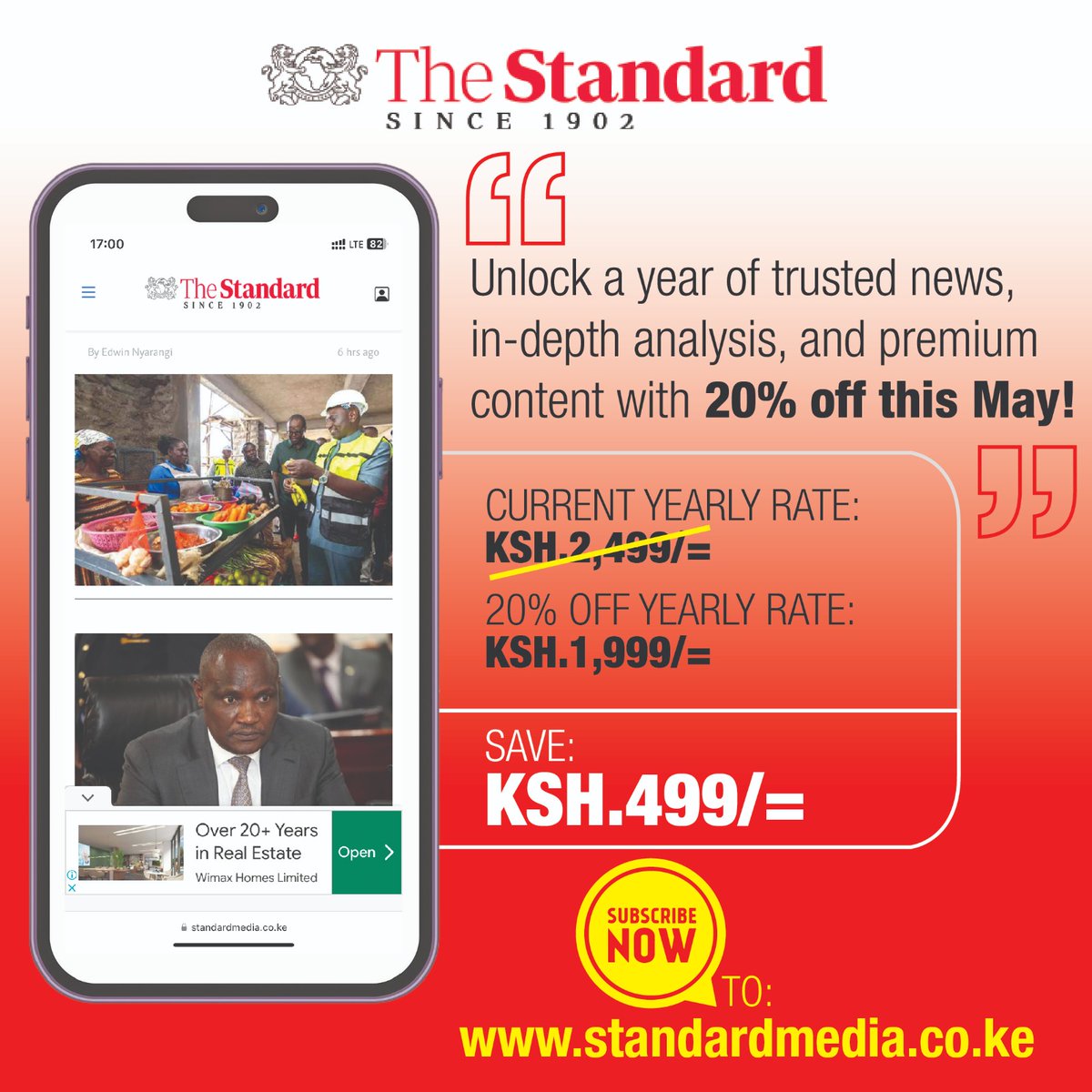 StandardKenya's tweet photo. Unlock trusted news! Get 20% off a yearly subscription to The Standard this May and save KSH. 499/-
#StandardINSiDER #MayOffer #FactsFirst https://t.co/L88LL02SlS