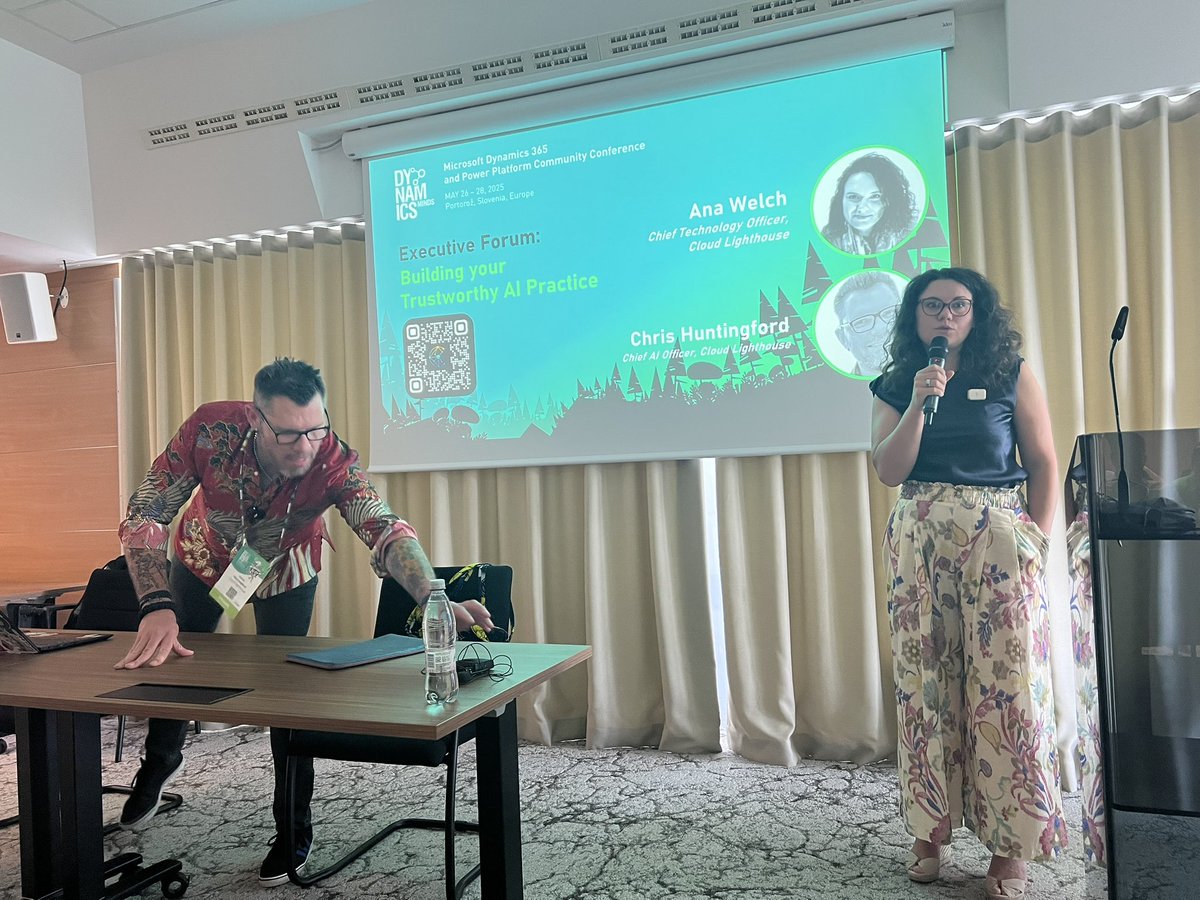 Okay kids:

Now it’s time for <a href="/AnaDemeny/">Ana Welch</a> and <a href="/CNHuntingford/">Chris Huntingford 🚀 Next: Dynamics Minds</a> talking about how YOU can actually build a practice in your org to do Trustworthy AI.

If you’re “doing AI”, get on down to floor 0 and Aurora 1 &amp; 2 to take pics of literally every slide! #DynamicsMinds