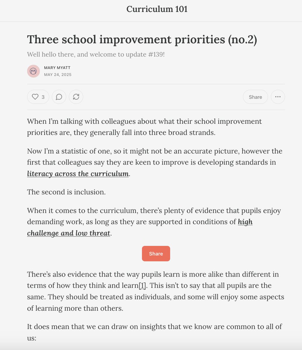 Am thinking and writing about the implications of what colleagues are saying about their school improvement priorities.

The second priority relates to inclusion in the curriculum, more here on my substack open.substack.com/pub/marymyatt/…